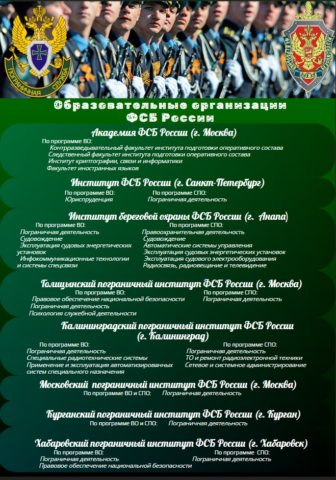 На второй фотографии изображены военнослужащие в парадной форме, выстроенные в строй на фоне внушительного архитектурного сооружения.      Военнослужащие: Члены военного контингента одеты в форменное обмундирование с маскировочными элементами. Большинство из них сдержанно смотрят вперёд, демонстрируя строгость и дисциплину.      Эмблемы: В верхней части фотографии расположены эмблемы ФСБ России и пограничной службы, что говорит о важности военного обучения и подготовки.      Образовательные организации: Под изображением военнослужащих находится текст, перечисляющий образовательные учреждения ФСБ России, такие как:         Академия ФСБ (Москва)         Институт береговой охраны (Санкт-Петербург)         Кабардино-Балкарский пограничный институт и другие.      Фон и оформление: Фон выполнен в зелёных и светлых тонах, что создает атмосферу патриотизма и принадлежности к службе. Текст аккуратно разделён на части и имеет чёткое оформление, что помогает легко воспринимать информацию.