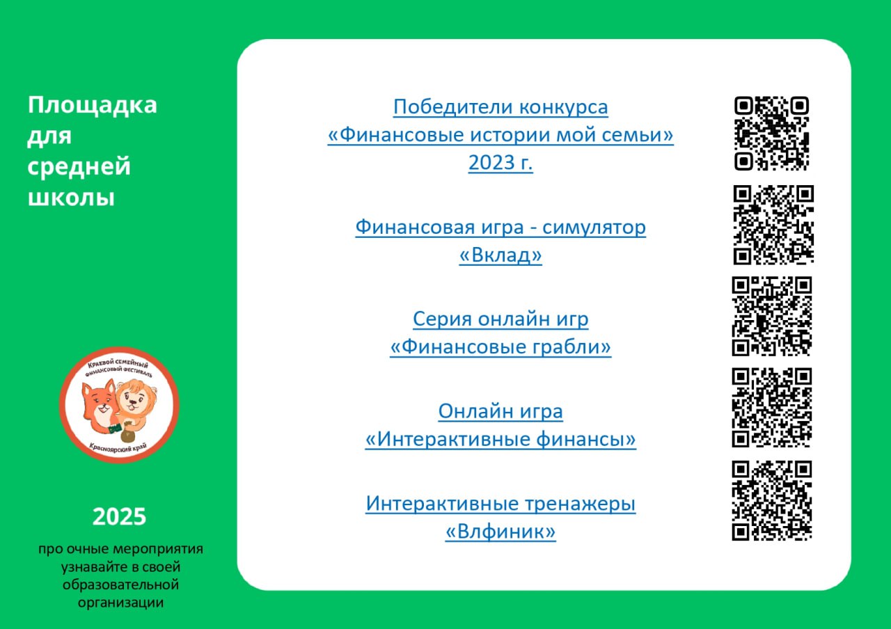 На зеленом фоне размещен текст с заголовком "Площадка для средней школы" и годом 2025. В центре обозначен заголовок "Победители конкурса «Финансовые истории моей семьи» 2023 г.". Далее перечислены: "Финансовая игра - симулятор «Вклад»", "Серия онлайн игр «Финансовые грабли»", "Онлайн игра «Интерактивные финансы»", и "Интерактивные тренажеры «Вперед»". Внизу также размещен логотип с персонажем и QR-код.