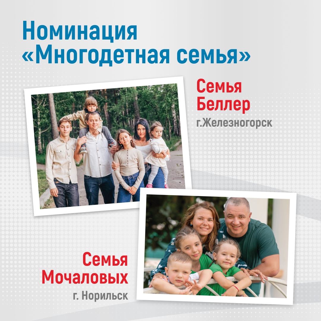 На фото представлены две семьи, участвующие в номинации «Многодетная семья».      Семья Беллер из города Железногорск. На фотографии они позируют вместе на фоне природы.     Семья Мочаловых из города Норильск. На их снимке изображены члены семьи, улыбающиеся и сидящие вместе.  Обе семьи выглядят счастливыми и дружными, что подчеркивает тему многодетности и семейных ценностей.