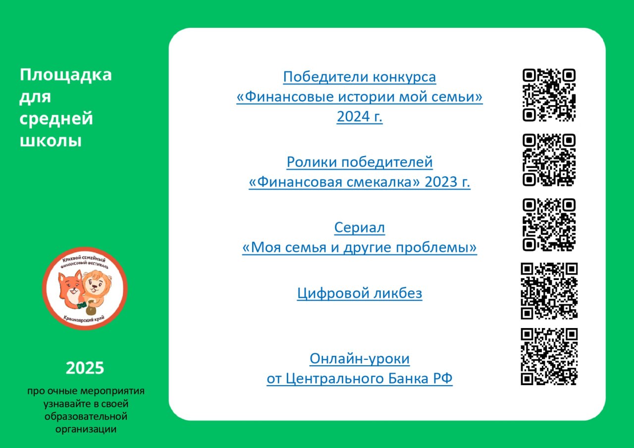 На зеленом фоне размещен текст с заголовком "Площадка для средней школы" и годом 2025. В центре написан заголовок "Победители конкурса «Финансовые истории моей семьи» 2024 г.". Перечислены "Ролики победителей «Финансовая смекалка» 2023 г.", "Сериал «Моя семья и другие проблемы»", и "Цифровой ликбез". Внизу располагается QR-код и логотип с пушистым персонажем.