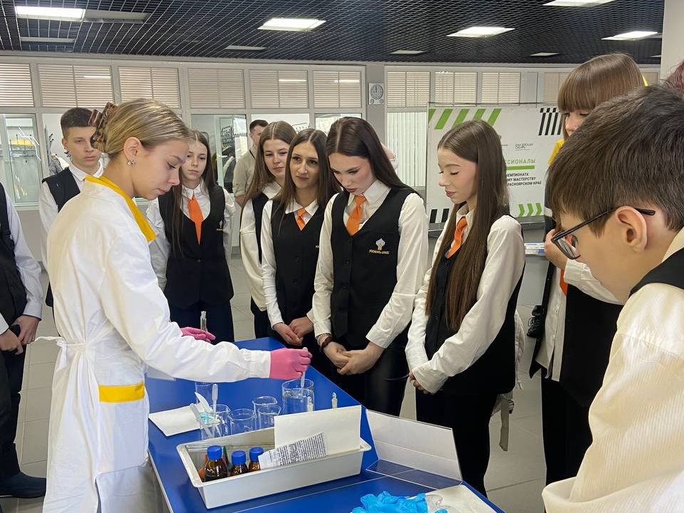 На этом снимке группа подростков наблюдает за девушкой в белом лабораторном халате, которая проводит научный эксперимент. Девушка сосредоточенно работает с пробирками и реагентами на столе перед ней, в то время как ученики, одетые в чёрные жилеты и оранжевые галстуки, внимательно следят за процессом. В помещении, где проходит демонстрация, светлые стены и большое количество окон создают ощущение открытого пространства.