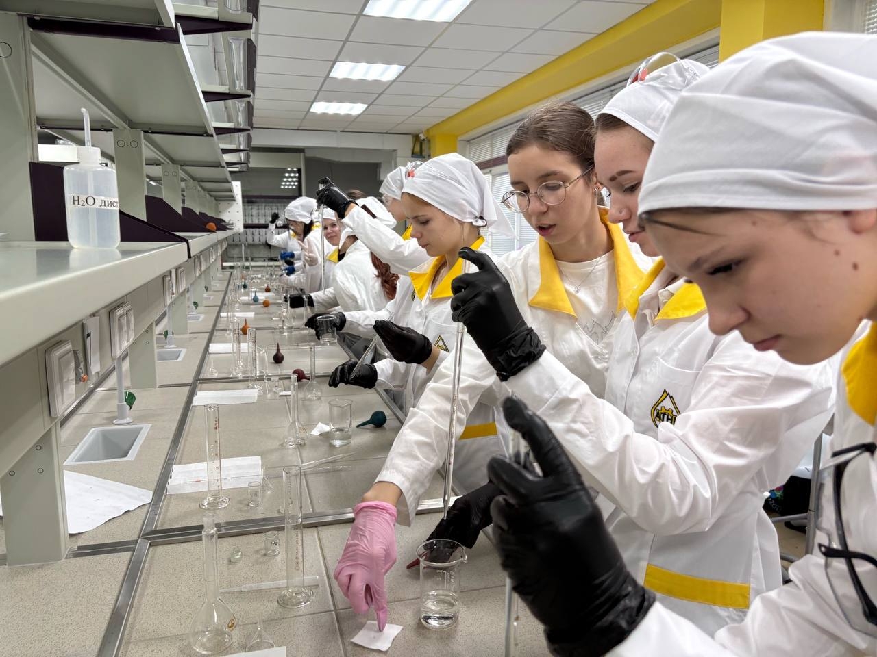 Группа студентов в белых лабораторных халатах, собранная в лаборатории. На переднем плане несколько девушек, которые с вниманием взаимодействуют с различными лабораторными приборами и реактивами. У всех хлопотливые выражения лиц, некоторые в перчатках: черных и розовых. Вокруг них расположены столы с пробирками и другими лабораторными инструментами. Освещение яркое, стены и потолок светлые.