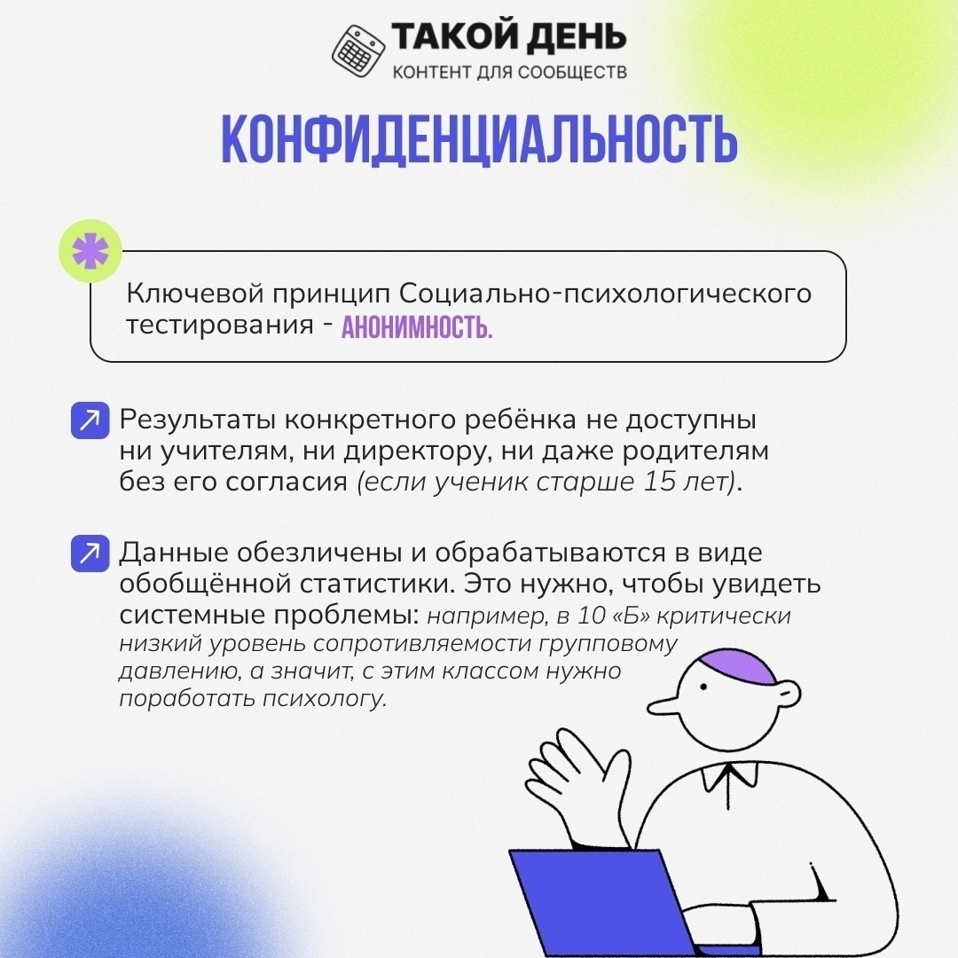 На фоне светло-зеленого цвета заголовок "Конфиденциальность" выделен в верхней части. Под ним указано, что ключевой принцип тестирования — анонимность. Далее перечислены два пункта: первый говорит о том, что результаты не должны обсуждаться с учителями или родителями, а второй подчеркивает, что данные могут быть использованы только с согласия учеников старше 15 лет.