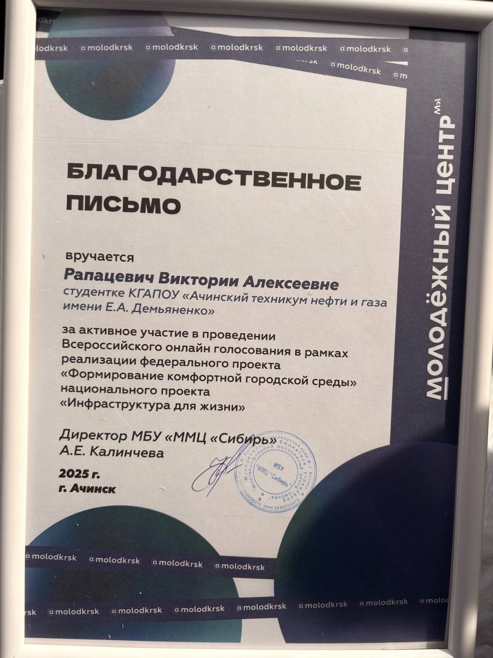 благодарственное письмо. Документ оформлен в официальном стиле, с заголовком "БЛАГОДАРСТВЕННОЕ ПИСЬМО". В тексте указано имя получателя, а также информация о проекте, в рамках которого было вручено письмо. Внизу стоит подпись директора и дата. Письмо оформлено с использованием графических элементов, что придаёт ему современный вид.